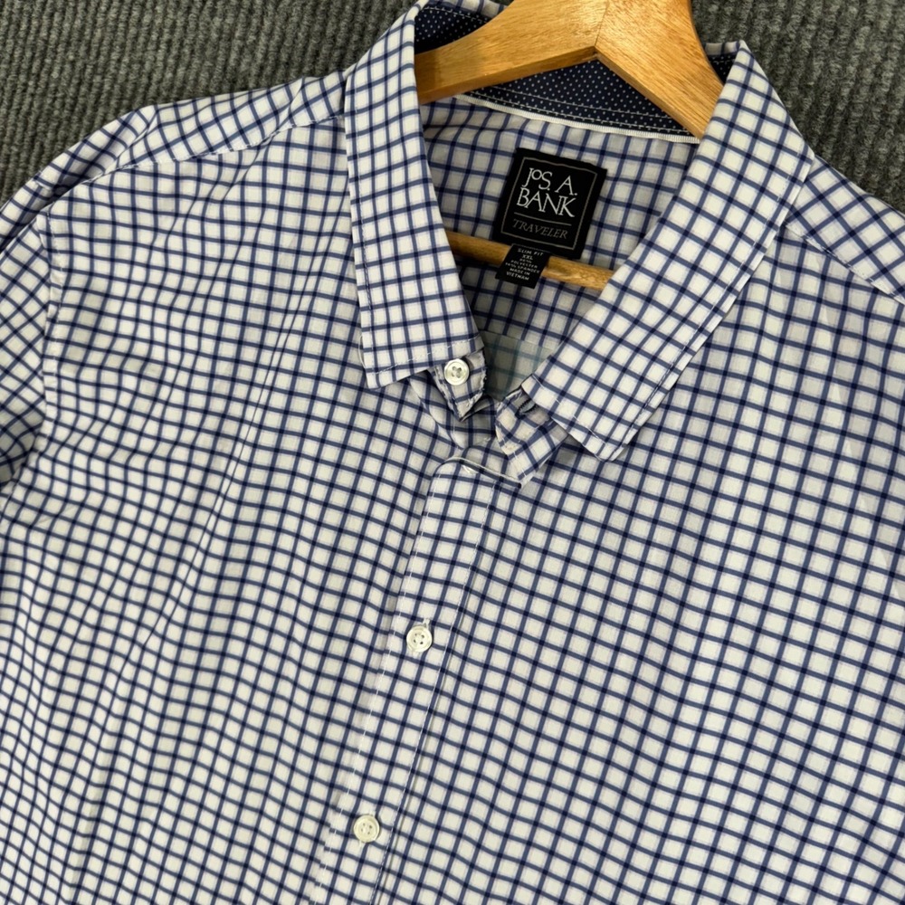 Jos A Bank Mens XXL Traveler Slim Fit Blue White Gingham Dress Shirt Performance
